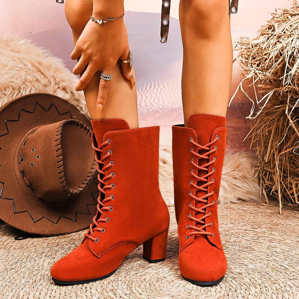 Popular autumn and winter boots front straps women's shoes 2025 new large size high heel British suede Martin boots women