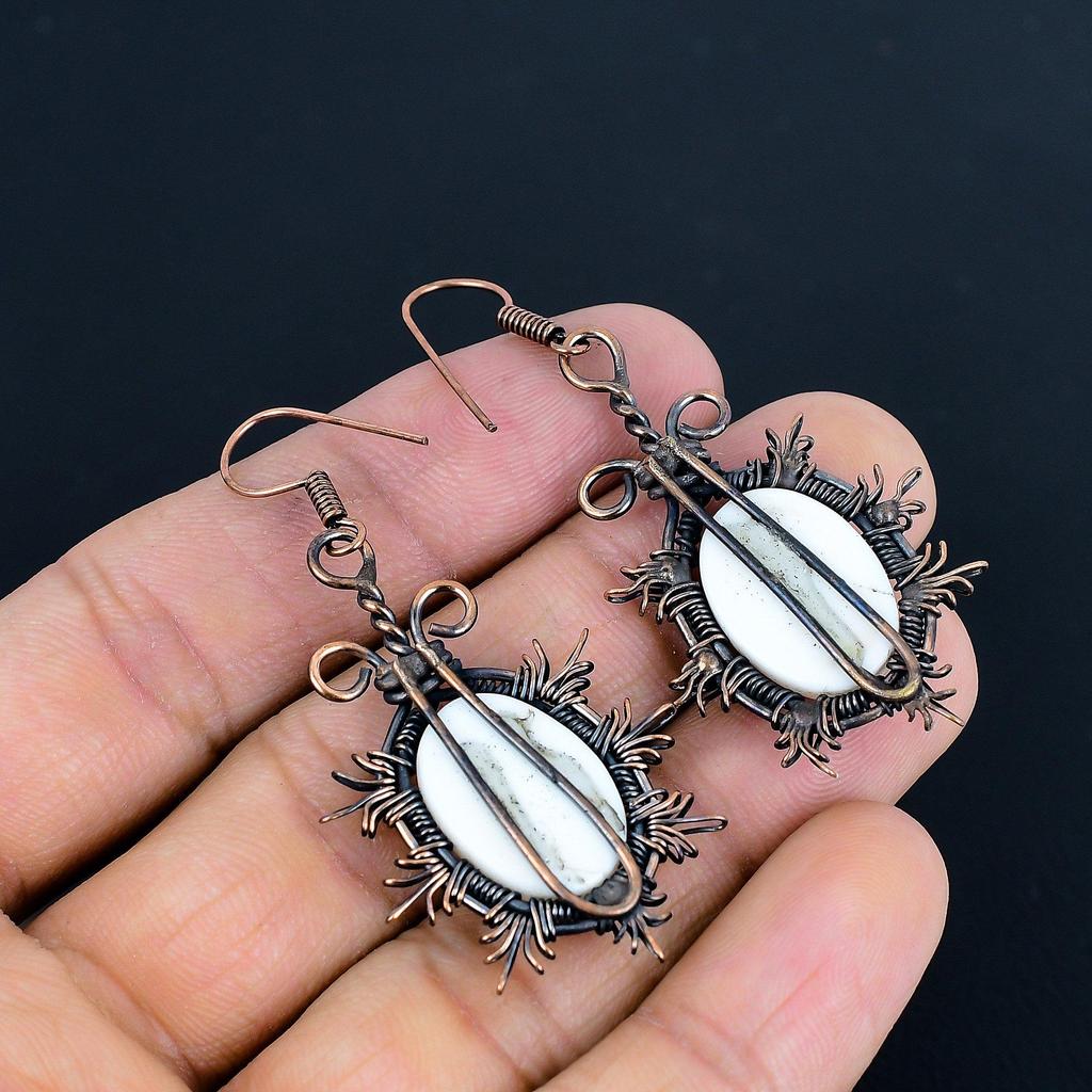 White Coral 999 Copper Wire Wrapped Earrings, Handmade Gemstone Earrings Jewelry, Gifts For Wife Brand New Earrings