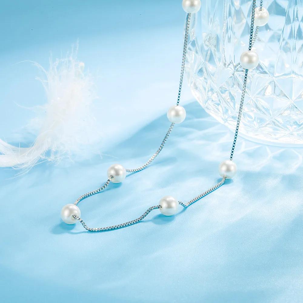 Fashion Female Necklace  Sterling Silver Stackable Pearl Box Chain Pendant Necklace for Women Choker Statement Length 44CM