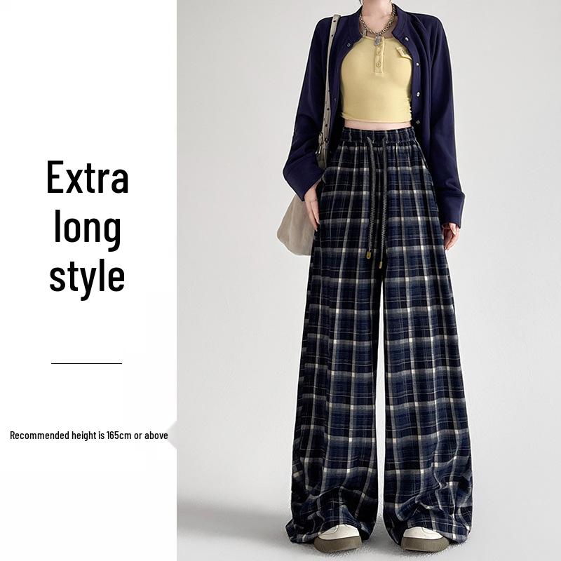 Women's Retro Plaid Wide-Leg Cuffed Pants - Spring 2026 Lazy Style