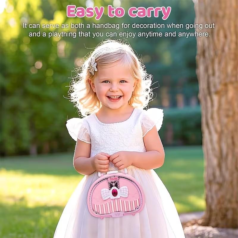 1set Colorful Girls' Pretend Makeup Toy Set - Pink and White Plastic Makeup Case with Mirror, Brushes, and Accessories.