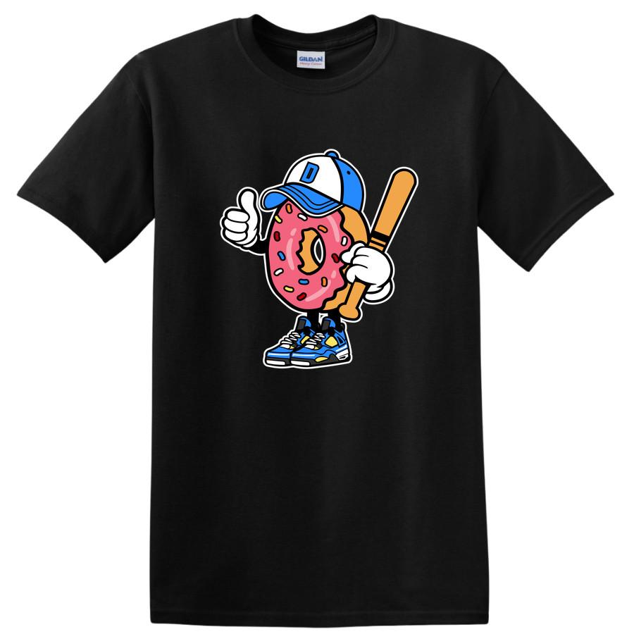 Donut Baseball Player Funny Graphic T Shirt Cool Cute Tee w/ Bat and Cap M