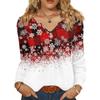 Women's Fashionable Casual V-neck Blouse Button Christmas Printed Long-sleeved Pullover T-shirt Top