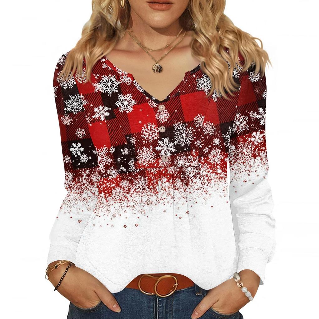 Women's Fashionable Casual V-neck Blouse Button Christmas Printed Long-sleeved Pullover T-shirt Top