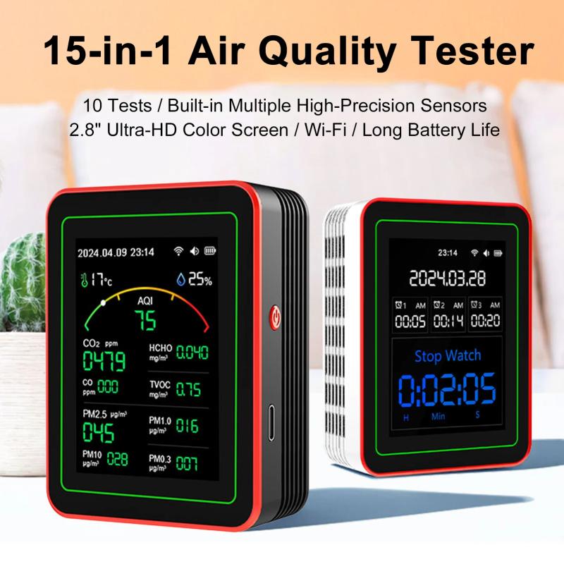 1 Piece Wifi 15 In 1 Tft Display Portable Aqi Pm0.3 Pm1.0 Pm2.5 Pm10 Co Co2 Tvoc Hchc Tester Home Air Quality Monitor