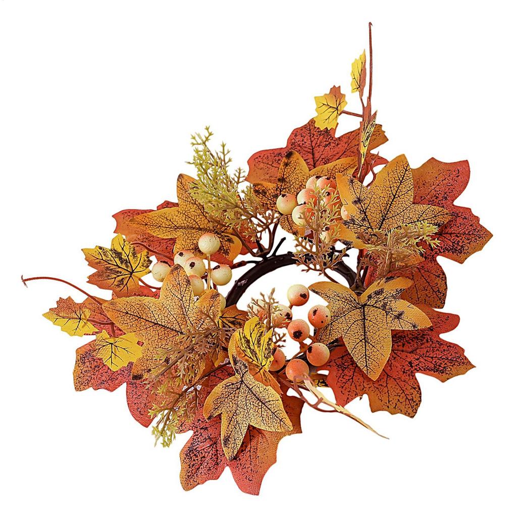 Fall Candle Ring 9.8Inch Maple Leaves Harvest Day Wreath Ring Holder Small Wreath Pillar Candle Holder Farmhouse Wreath Festival