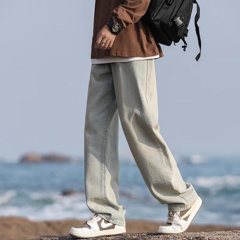 Homlean Men's American High Street Washed Loose Straight Leg Denim Jeans