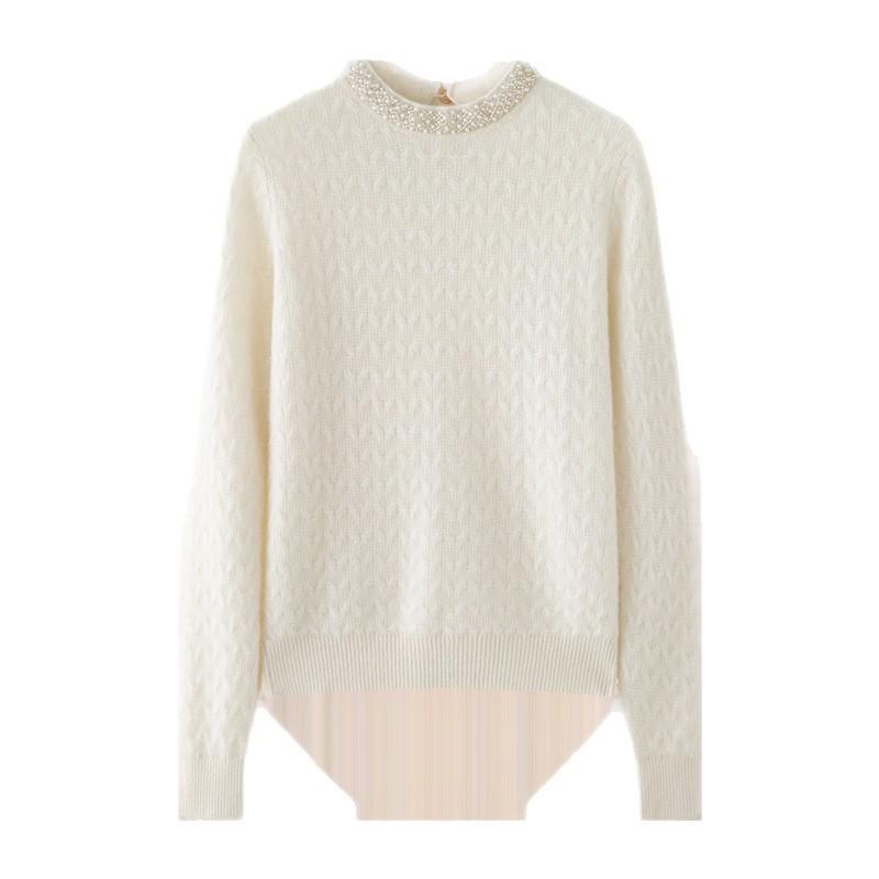 2025 Autumn/Winter Women's Cashmere Knit Top with Handmade Pearl Collar and Fluffy Fleece
