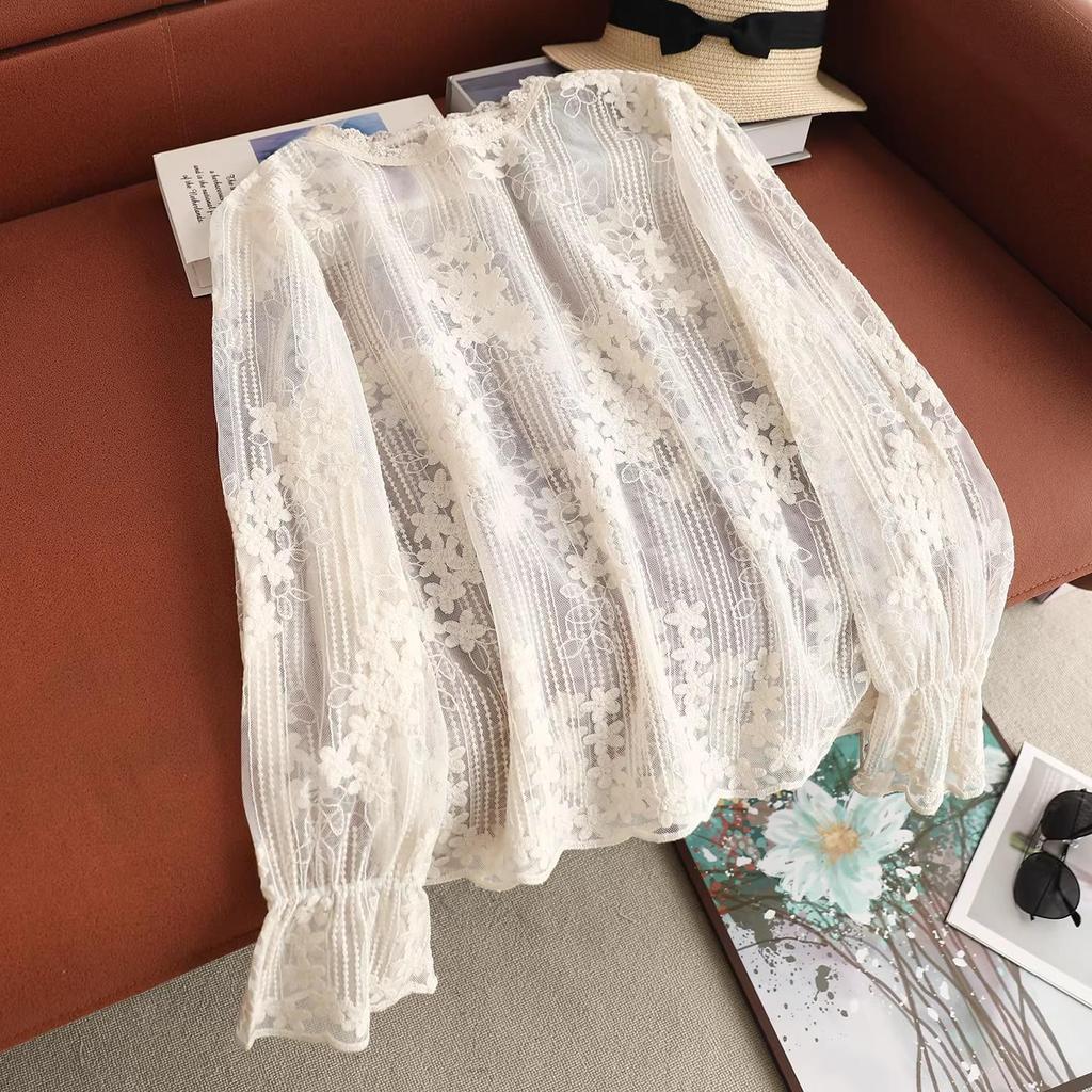 Women's Loose-Fit Embroidered Lace Collar Cotton Pullover Shirt