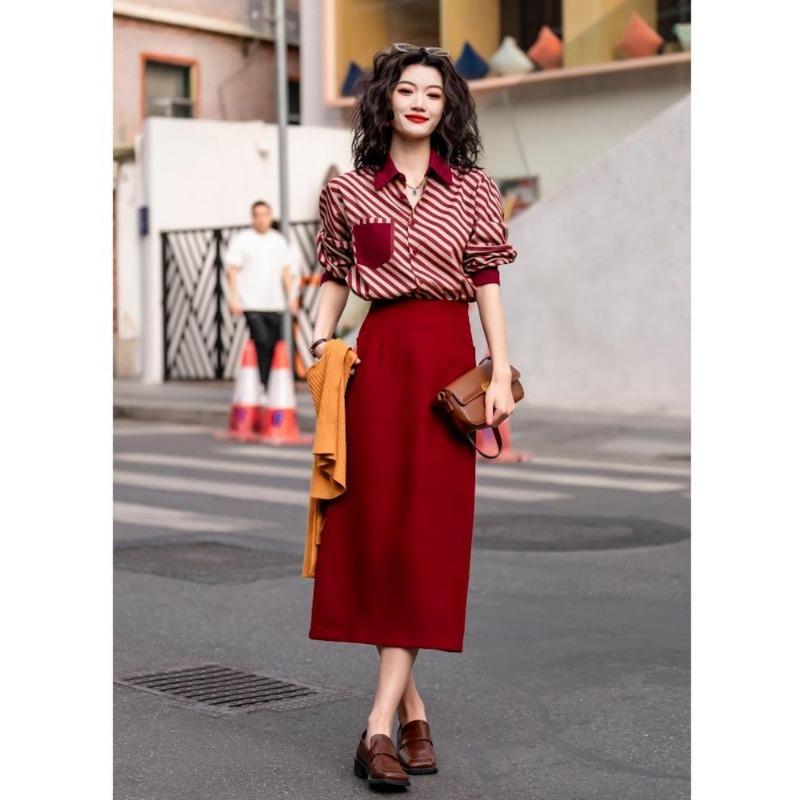 Contrast Striped Shirt Skirt Hong Kong Style Retro Salt Style Fashion Suit for Women