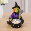 Handcrafted Resin Witch Figurine Halloween Skull Candle Holder, Spooky Star Cup Tealight Stand Candlestick Holder with Metal Heatproof Liner,