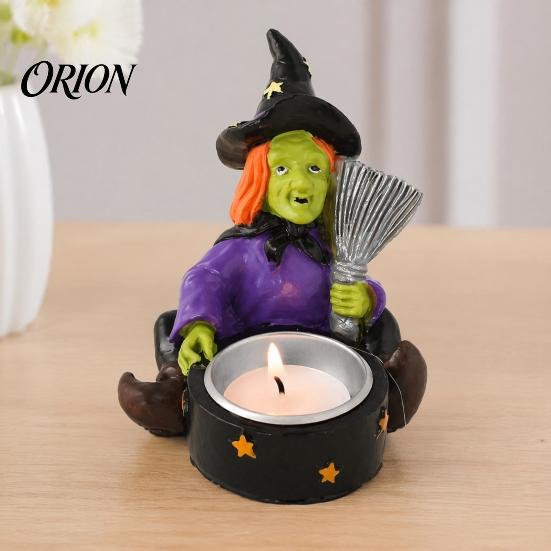 Handcrafted Resin Witch Figurine Halloween Skull Candle Holder, Spooky Star Cup Tealight Stand Candlestick Holder with Metal Heatproof Liner,