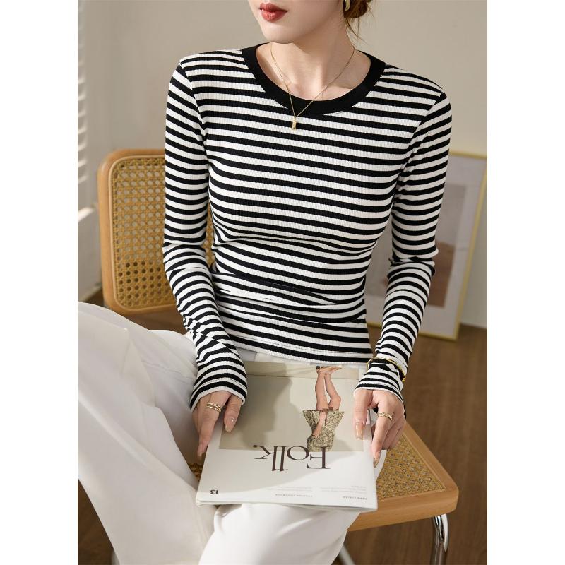 Pure Cotton Black White Striped T-shirt Women's Autumn Autumn Autumn Slim Tops Long-sleeved Bottoming Shirt