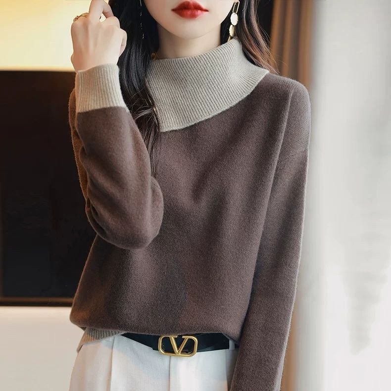 Women's Asymmetrical Collar Sweater Autumn and Winter Bestselling Knitted Sweater Color-Block Sweater Loose Outer-Wear Sweater Versatile Base Layer