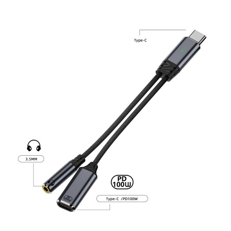 Type C  To 3.5mm Headphone Adapter Charger with PD100W Fast Charging 3.5mm Headsets Converter 2 In 1 FOR Clear Music