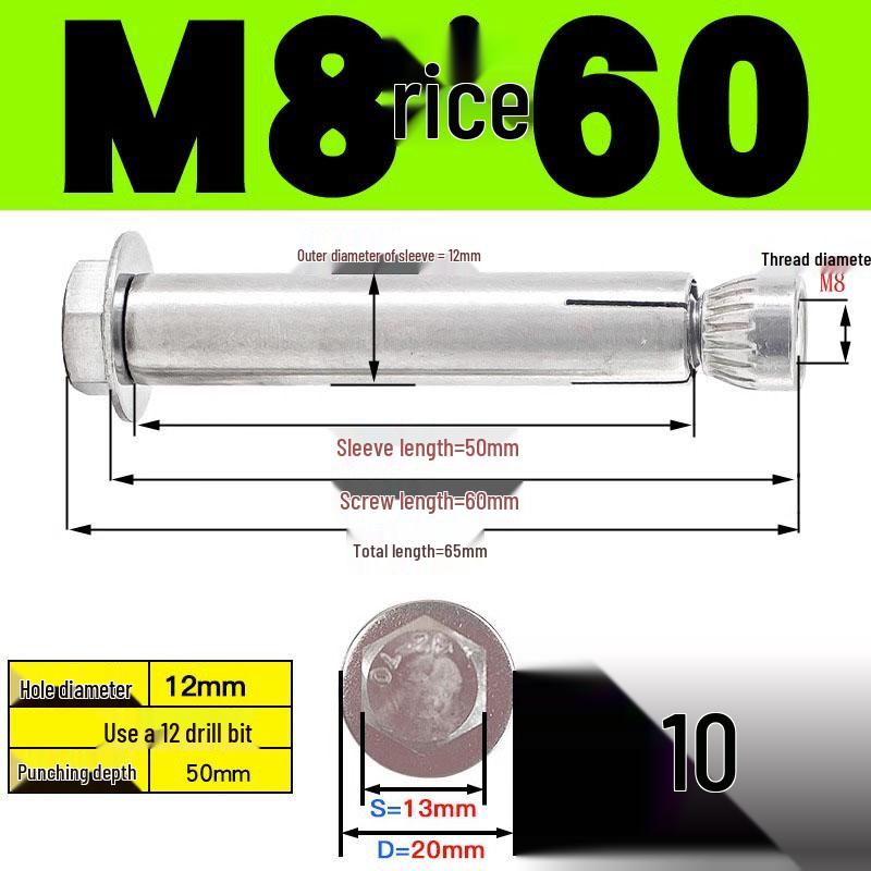 Stainless Steel Expansion Screw: Hexagonal Head with Internal Expansion (304/201), Sizes M6, M8, M10, M12.