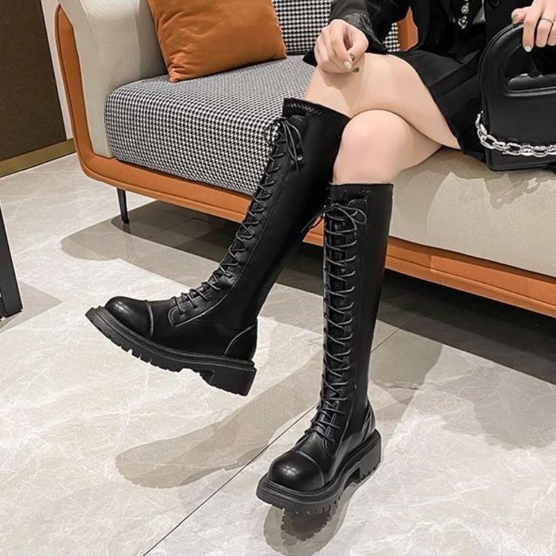 Round Toe Lace-up Leather Platform Women's Long Boots Autumn Winter Fashion  New In Comfortable Ladies Knee High Shaft Shoes
