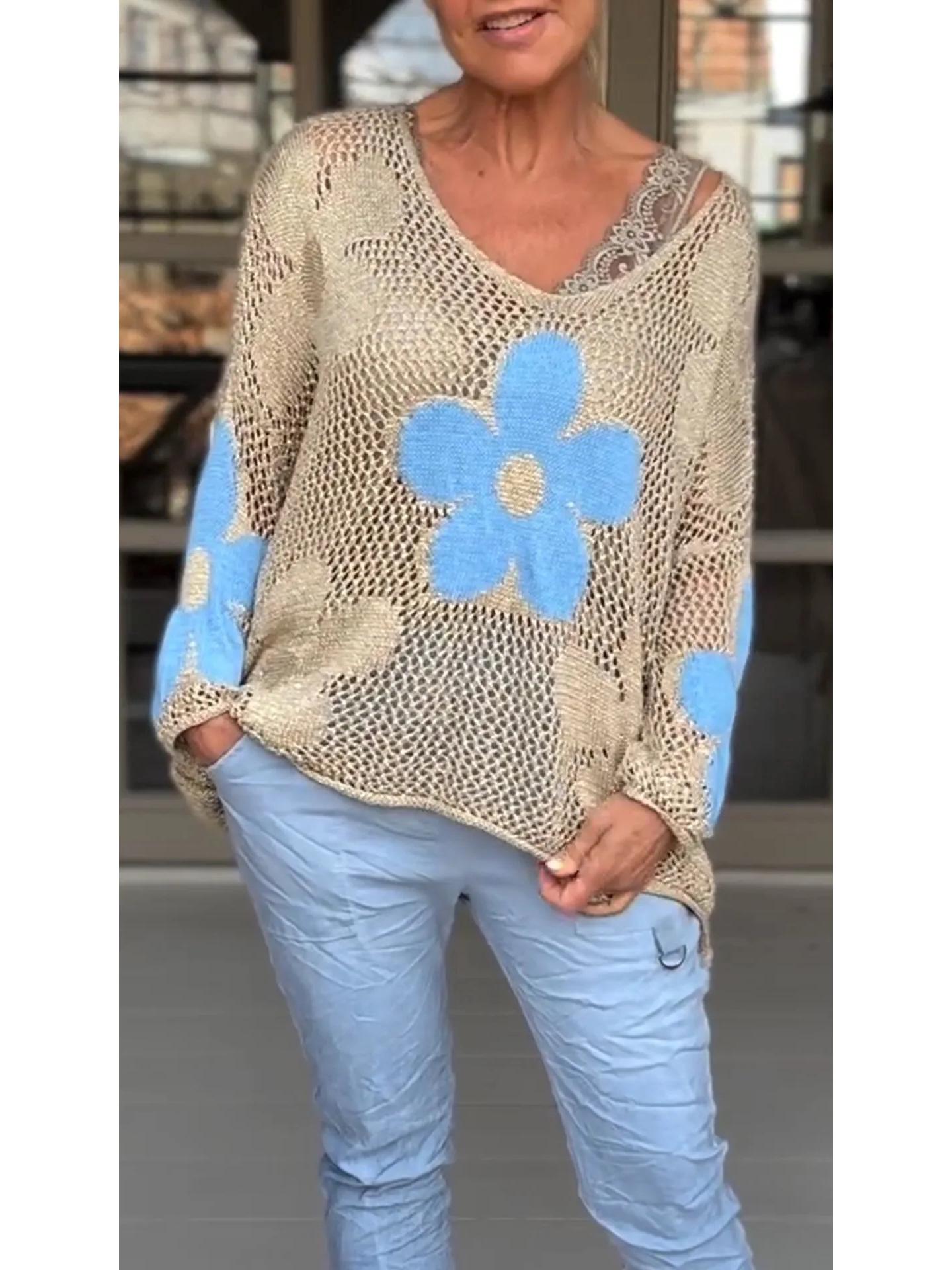 

Топ из сетки с V-образным вырезом и цветочным трикотажем весна/лето 2024 XXL