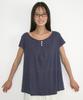 RONRON Floral Button Pintuck Ruffle T Shirt Navy