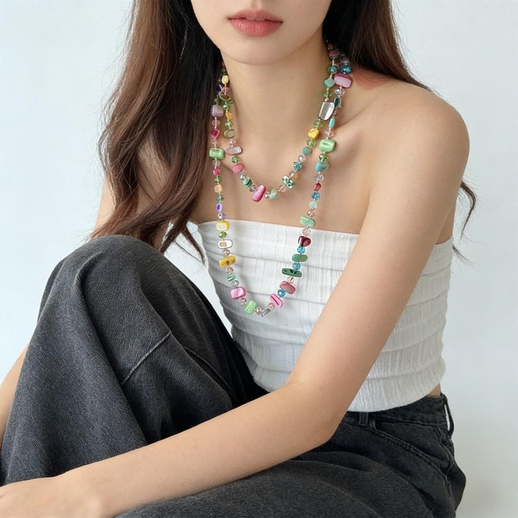 Simple And Versatile Super Long Necklace, Clothes Pendant, Shell Crystal Color Multi-Layer Sweater Chain With Accessories, Fashionable Women