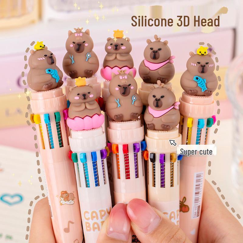 Capybara Multi-Color Cartoon Ballpoint Pen - Ten Colors Press-Type Note Marker for Students