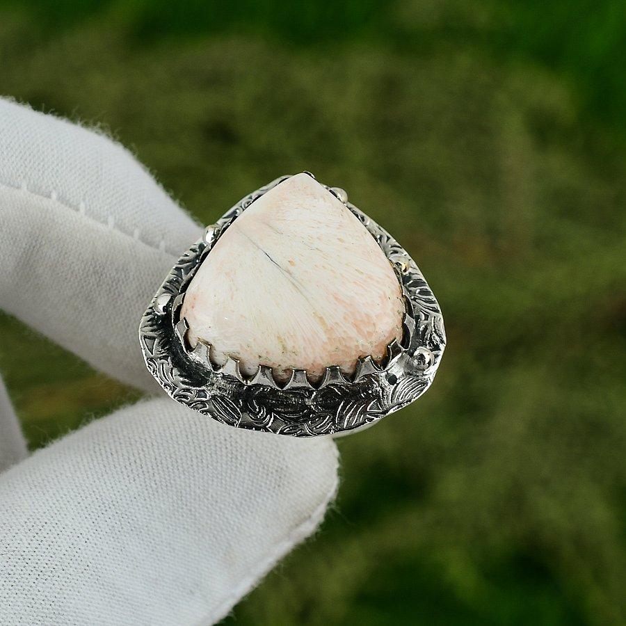 925 Sterling Silver Scolecite Stone Solitaire Ethnic Wife Ring Jewelry Size 7.75