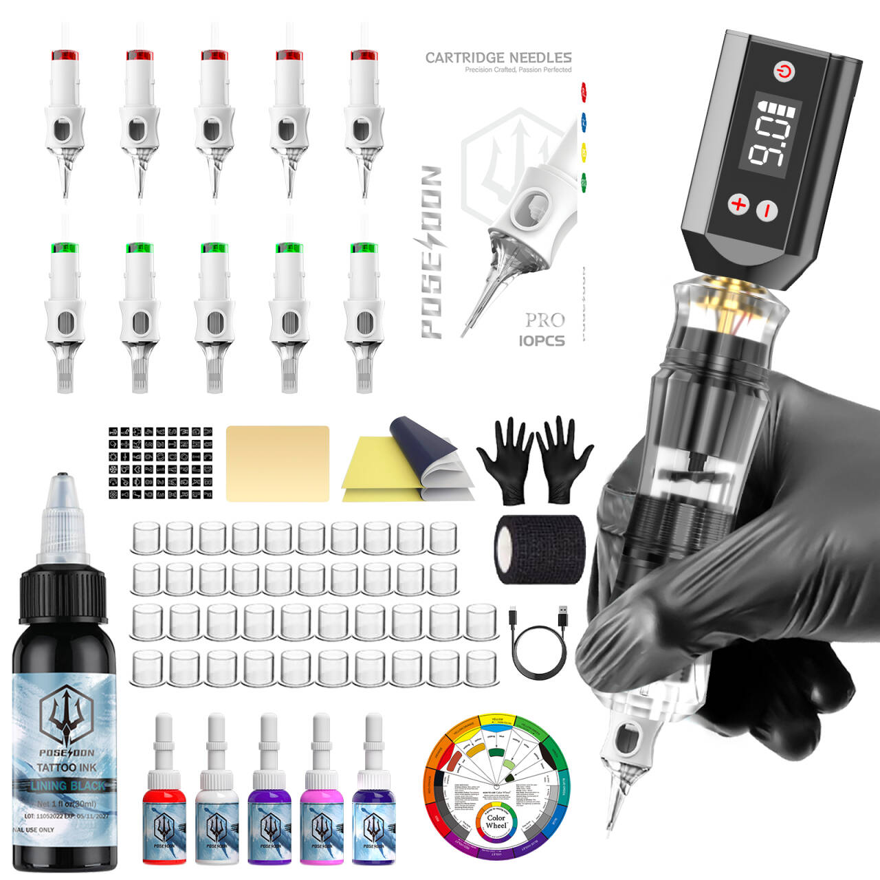 POSEIDON Tattoo Kit V6 Tattoo Needles Tattoo Pen Kit For Permanent Makeup Tattoo Machine Kit Hot Wireless Tattoo Power Supply DT001-HJH
