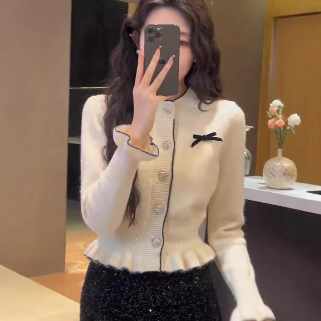 Dámský úzký pletený kardigan s mašlí – francouzský a korejský styl, podzimní/zimní design