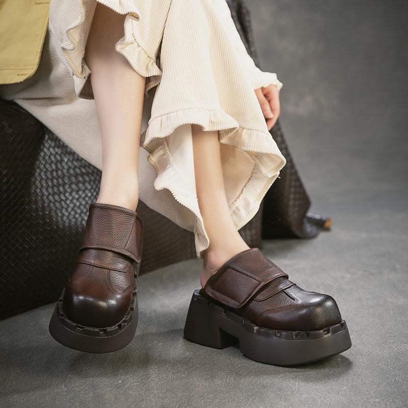 Johnature Retro Genuine Leather Outdoor Slippers Thick Heel Comfortable Slip-on Women's Platform Shoes
