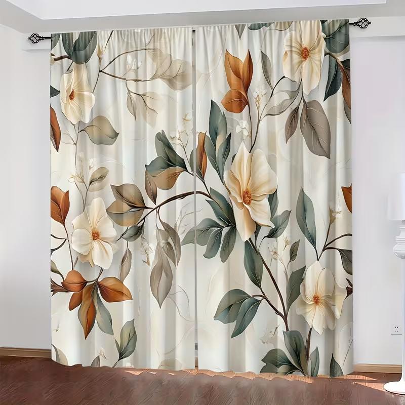 2PC Cream Magnolia Branch Sheer Curtains - Soft Earthy Botanical Print Window Drapes for Living Room Bedroom Decor