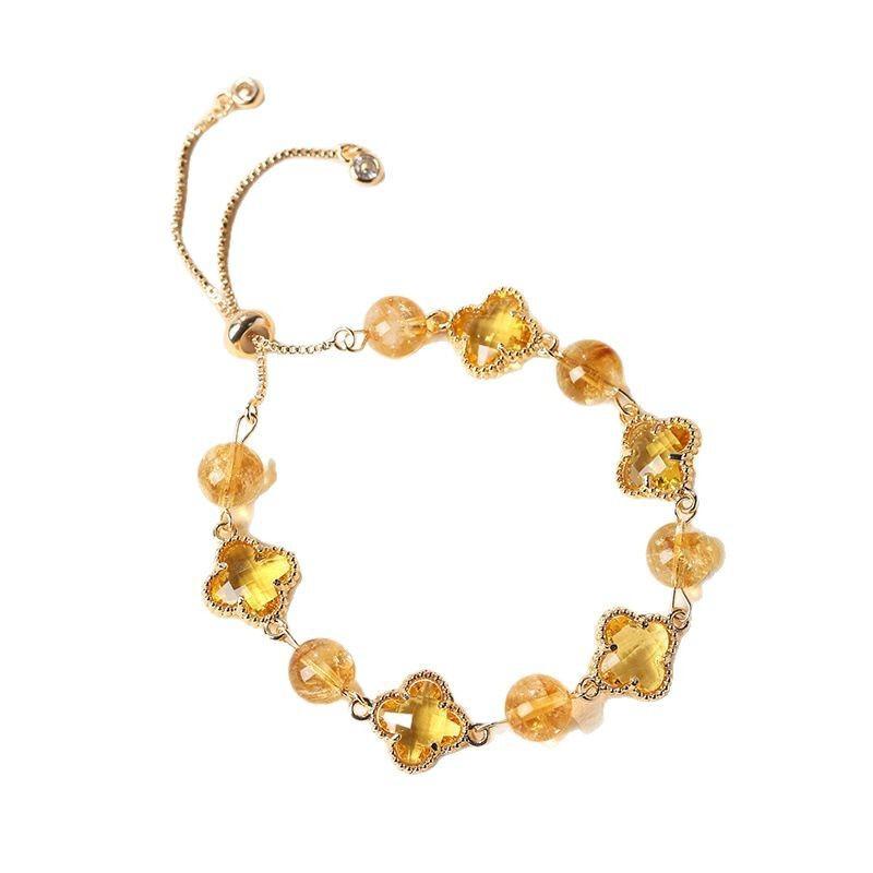 Natural Crystal Four Leaf Clover Alloy Bracelet Women Men Handcrafted Polished Gemstone Jewelry Accessory