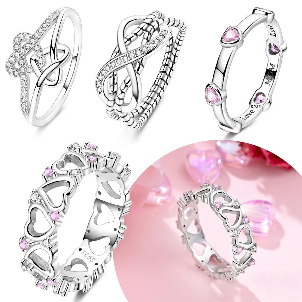 Pink Zircon Heart Love Rings copper Ring Jewellery Woman Authentic Wedding Set Gift Accessories Fine Valentine