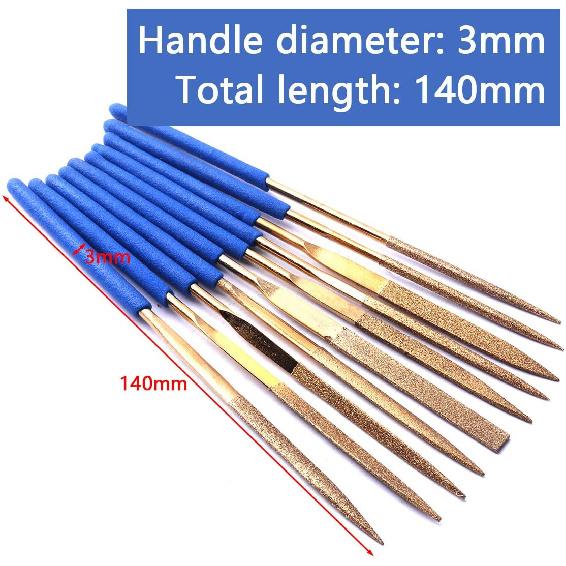 ATOPLEE Mini Diamond Needle File Set,10pcs 3x140mm Titanium Coated Diamond Files for Metal Glass Wood Stone Jewelry, Includes Round,Half
