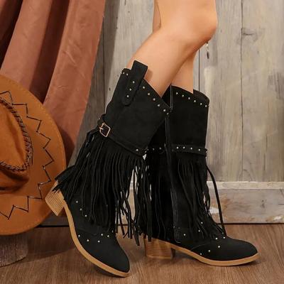 Herbst und Winter Damen Spitzzehen Fransen Dicke Ferse Hohe Stiefel Übergröße Mode Retro Nieten Gürtelschnalle Reißverschluss Mid-Calf Stiefel