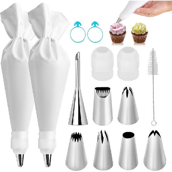 9-Piece Reusable Piping Bags and Tips Set-16inch Cotton Baking Kit with Coupler, Stainless Steel Nozzles & Cleaner for Cakes/Cupcakes/Cookies