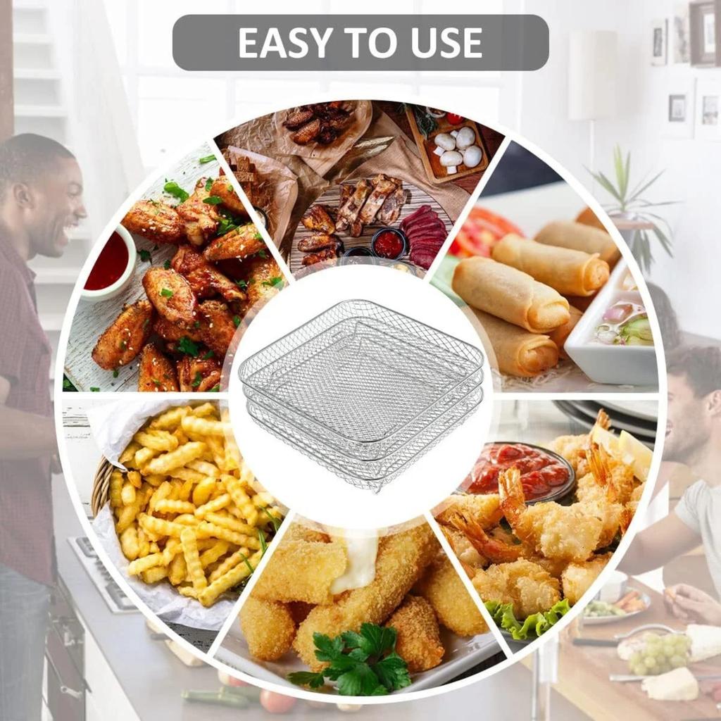 Air Fryer Racks 3Pcs Stackable Set, Stainless Steel Mesh Baskets, Multi-Use for Air Fryer, Steamer, Oven, Dishwasher Safe (7.8 x 7.8in Square)