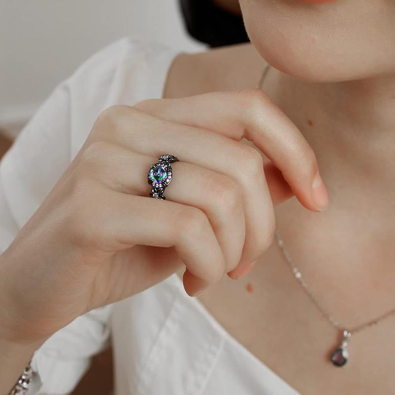 Huitan Women Black Ring Inlaid Bright Multicolored Cubic Zircon for Party Daily Trendy Accessories Unique Design Chic Jewelry