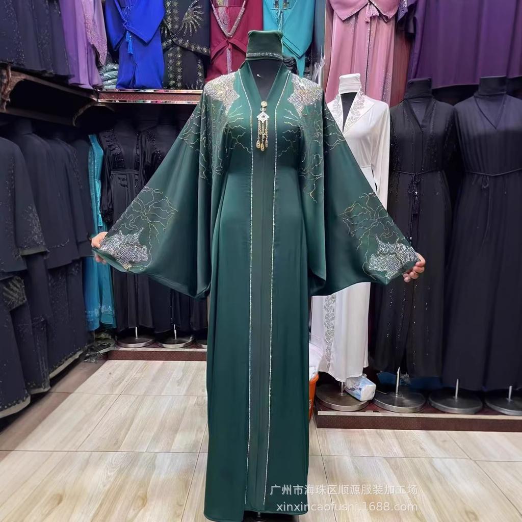 Damen Maxikleid mit langen Ärmeln, Rundhalsausschnitt, Lockerer Schnitt, Elegante Abaya, Langes Kleid mit Heißbohr-Verzierung