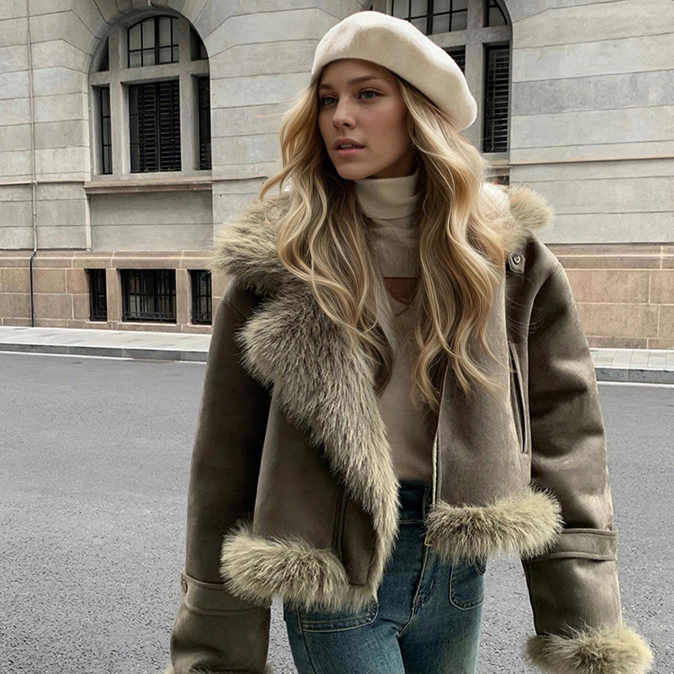 Women s Lapel Collar Long Sleeve Cropped Jacket Loose Fit Vintage Patchwork Faux Fur Coat XS