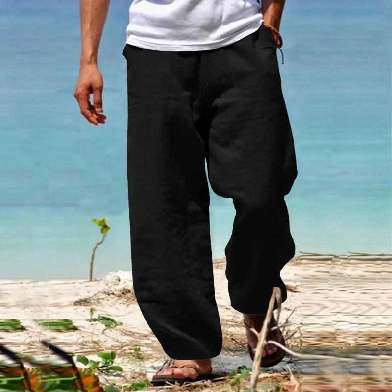 

Men s Linen Cotton Pants Straight Leg Breathable Lightweight Beach Style Cozy Trousers Casual Spring Summer Pants 4XL чорний