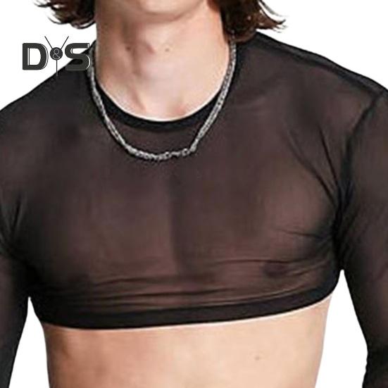 Herren Club Top Durchsichtiges Mesh Ultradünnes Elastisches Langarm O-Ausschnitt Skinny Taillenbelichtung Nachtclub Performance Party Crop Top