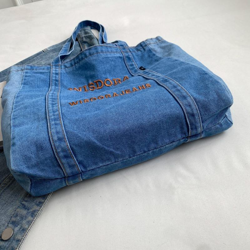 New Casual Denim Bag Women Large Capacity Shoulder Bag Letter Embroidery Denim Tote Bag