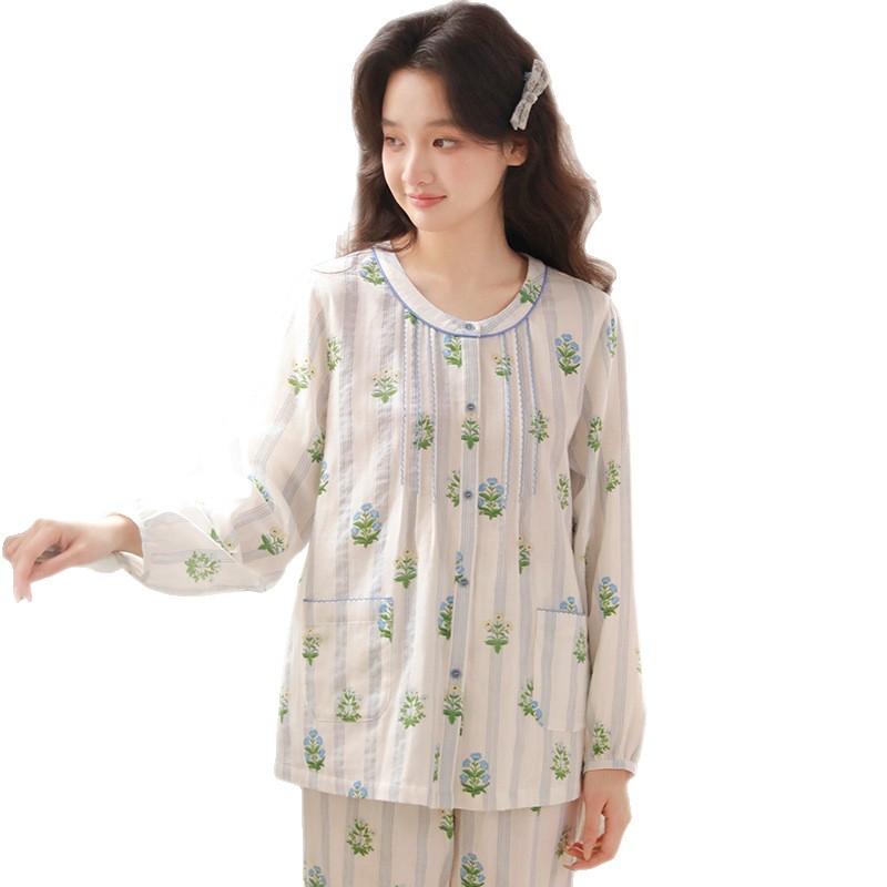Summer pajamas women's pure cotton cotton yarn floral women's round neck sweet wind round neck thin cardigan long-sleeved set 11