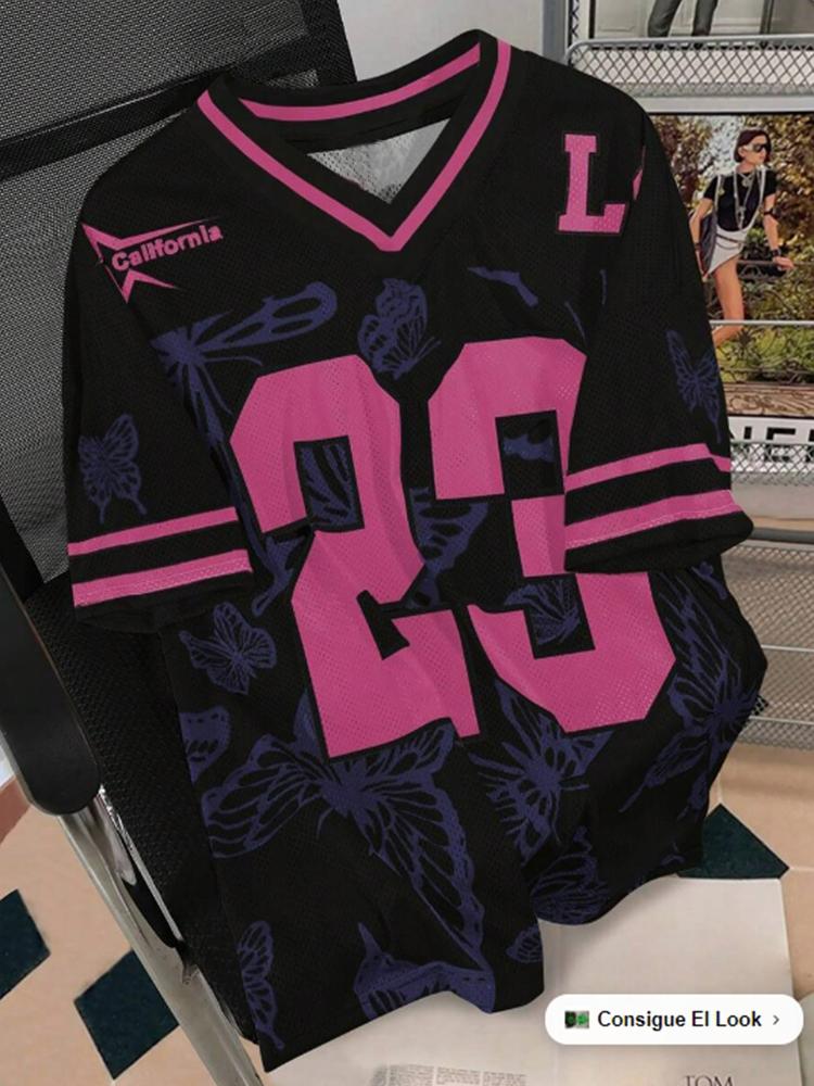 

Летняя мода футболка женская с принтом бабочки V-образный вырез сетка короткий рукав спортивная футбольная форма свободная женская одежда 4XL