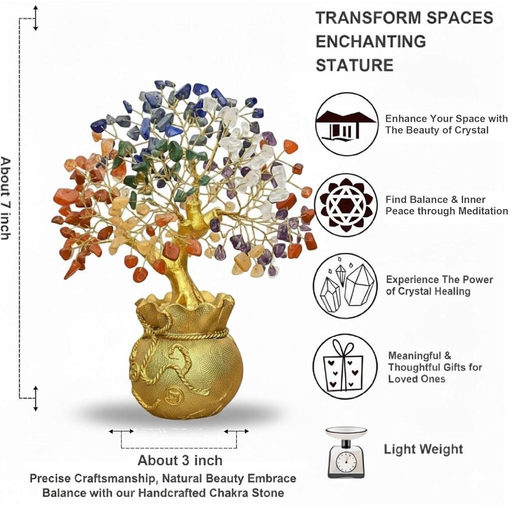 7 Chakra Crystal Tree with Golden Money Bag Base/Natural Gemstone Decorative Showpiece Bonsai Tree for Home & Office Decor
