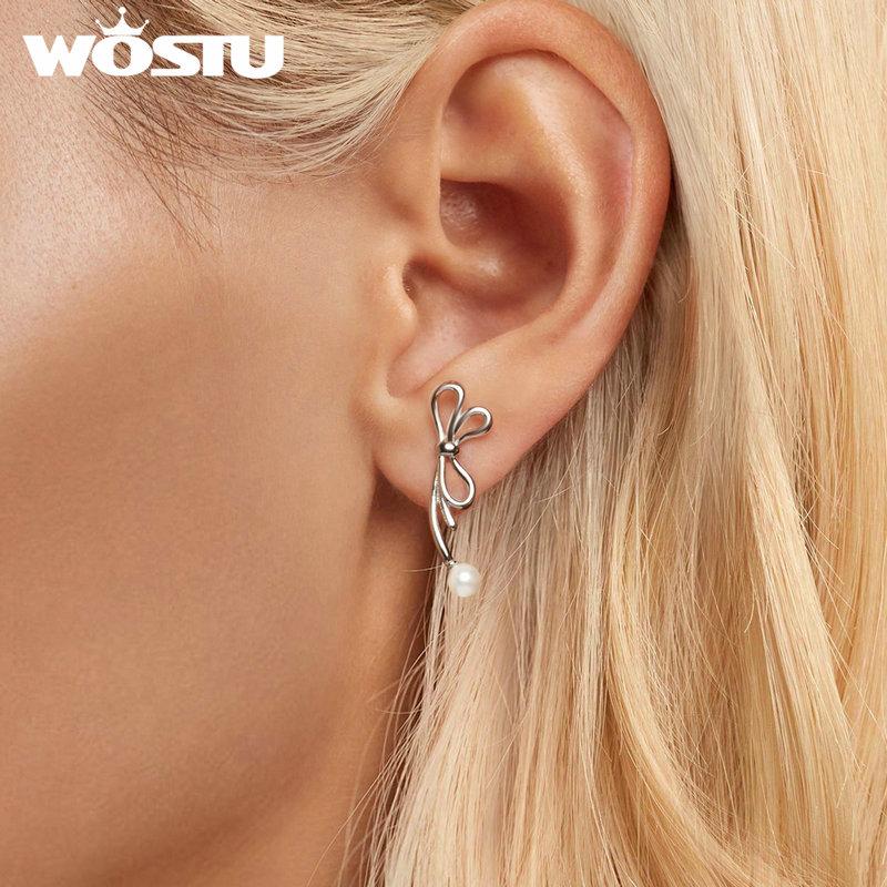 WOSTU 925 Sterling Silver Bowknot Stud Earrings Grace Fashion Simplicity Versatile Earrings For Women Girl Fine Jewelry Party Gift