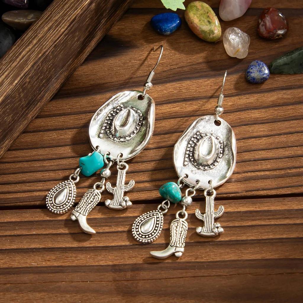Salircon Creative Cowboy Hat Cactus Drop Earrings for Women Vintage Ethnic Irregular Silver Color Dangle Earrings Party Jewelry
