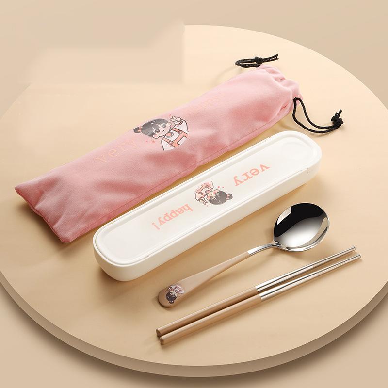 304 Stainless Steel Cartoon Tableware, Chopsticks and Spoons, Food Grade, Office Workers, Single Tableware