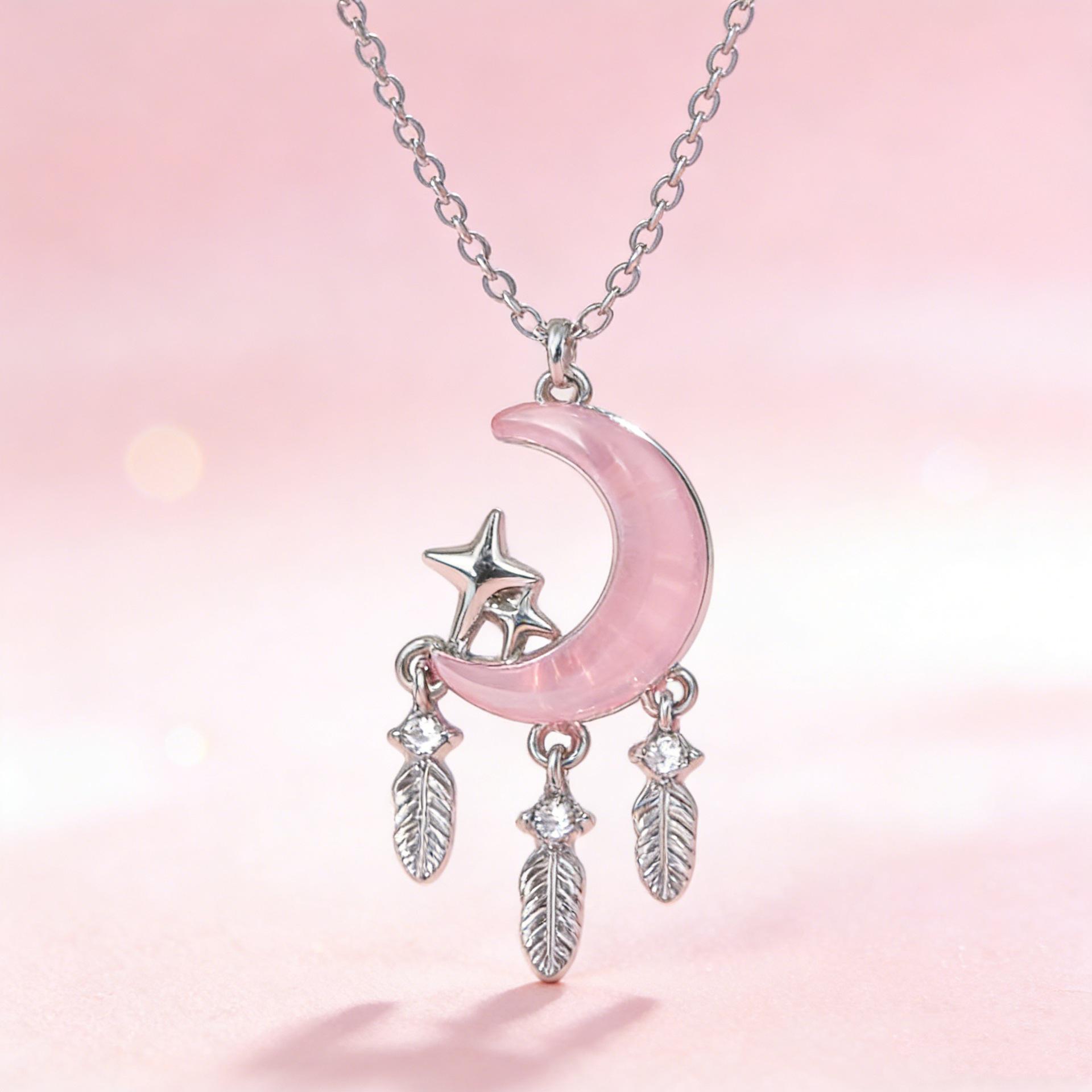 Crescent Moon  Feather Pendant Necklace - Multi-Color Silver Chain, Sweet  Cool Style Fashion Jewelry