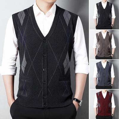 Men Autumn Winter Cardigan Sweater Single-breasted V Neck Sleeveless Buttons Color Matching Stretchy